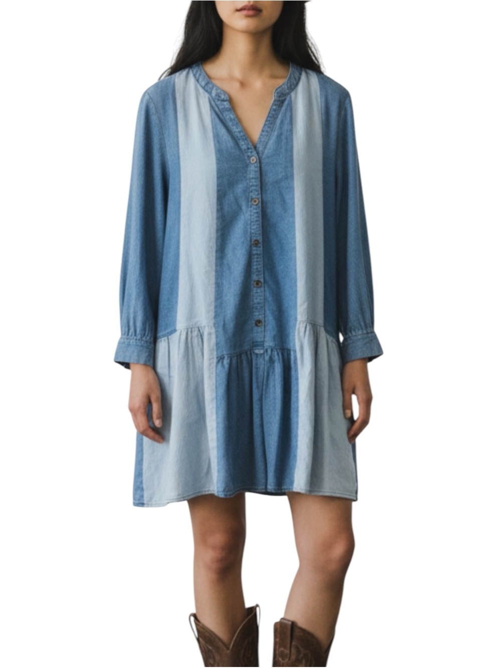 entro Two-Tone Blue Boho Button-Front Longsleeve Western Mini Dress